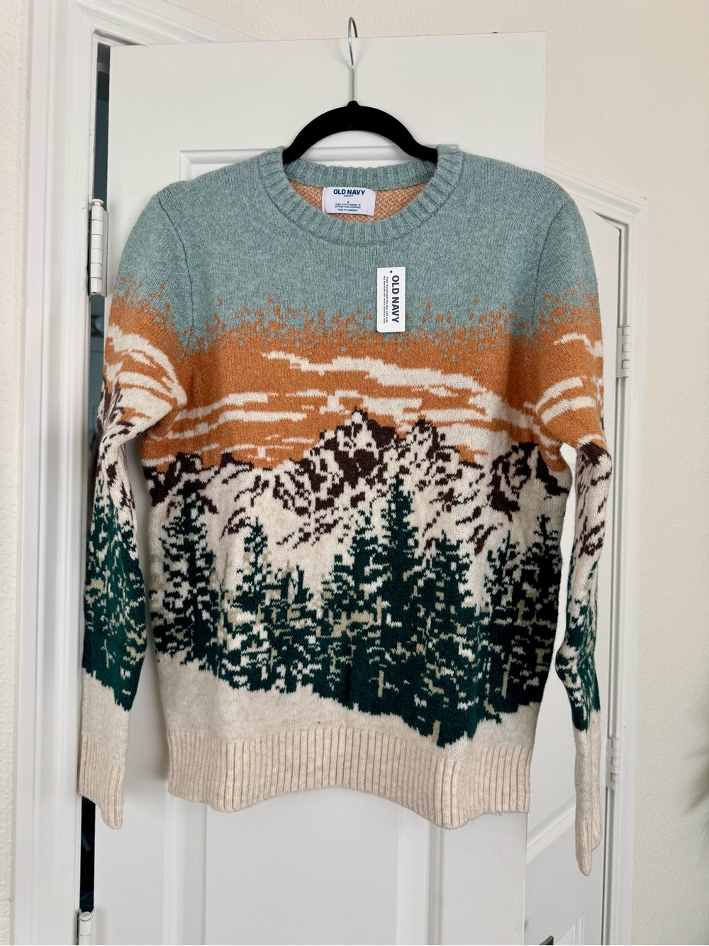 NWT Old Navy Men's Scenic Crewneck Sweater in Teal, Rust & Cream